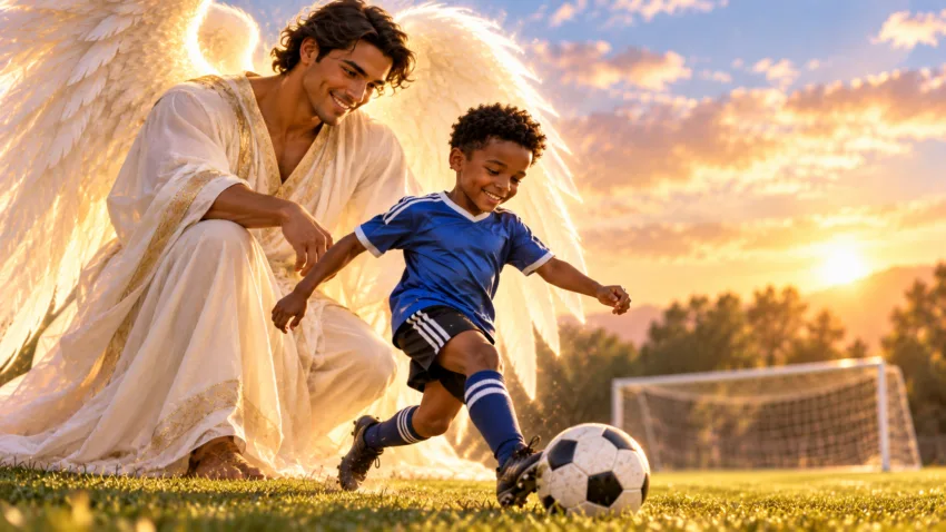 Guardian angel watching over a child playing soccer