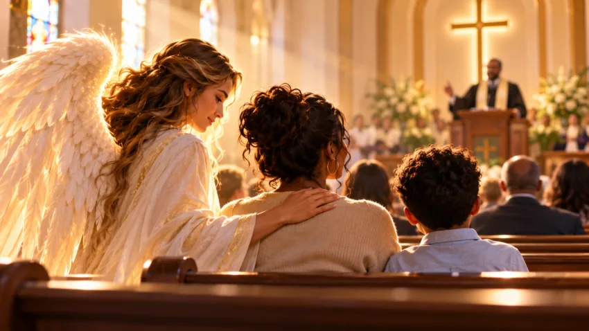 Woman and child in church with their guardian angel