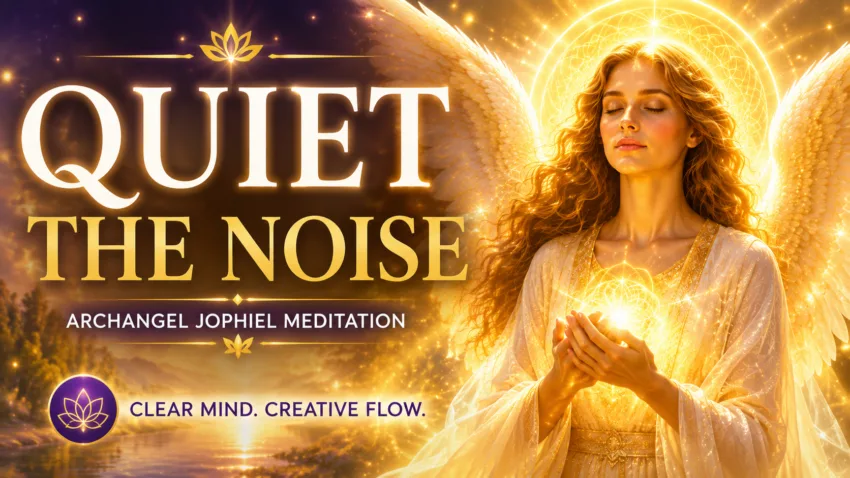 A peaceful journaling scene created to accompany an article about working with Archangel Jophiel for creative flow and mental clarity. The journal, soft light, candle, and crystal represent slowing down, calming an overwhelmed mind, connecting with Spirit, and creating space for fresh ideas and inspiration.